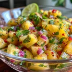 Close-up view of a vibrant pineapple salsa in a bowl, featuring diced pineapple, red onion, and cilantro.