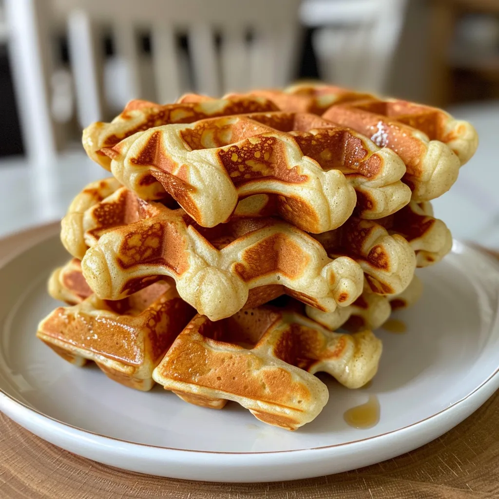 Side view of fluffy protein waffles, drizzled with syrup and topped with fruit.