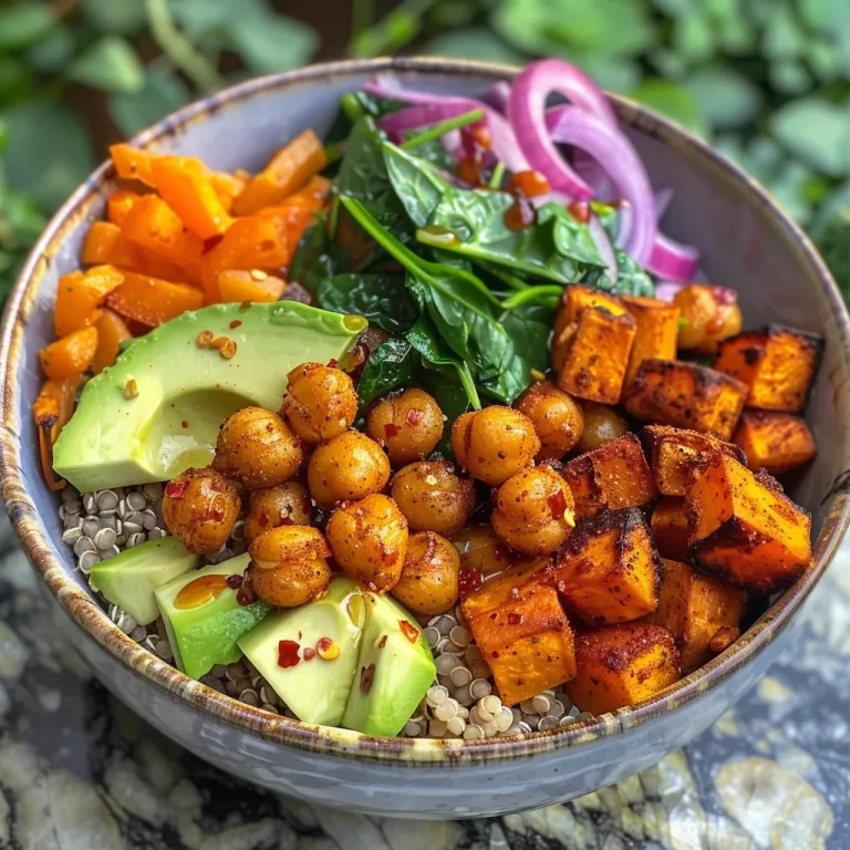 A close-up view of a colorful roasted chickpea power bowl filled with various vegetables and grains.