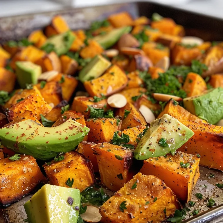 Brighten Up Your Plate: Roasted Sweet Potatoes with Avocado and Crunchy Almonds Close-up view of roasted sweet potatoes mixed with diced avocado and chopped almonds.