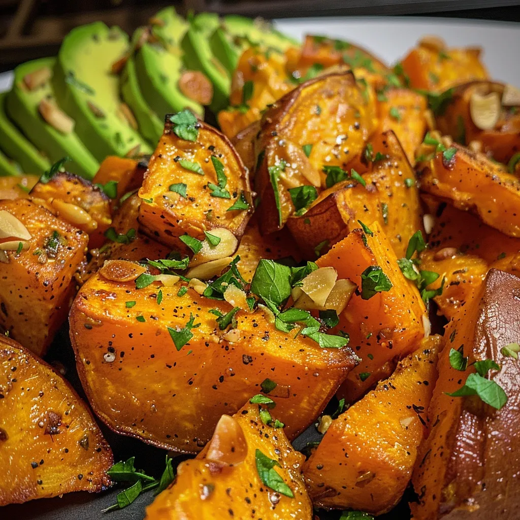 Side angle of golden roasted sweet potato cubes topped with fresh avocado and herbs.