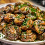 Close-up view of juicy garlic butter mushrooms on a wooden table.