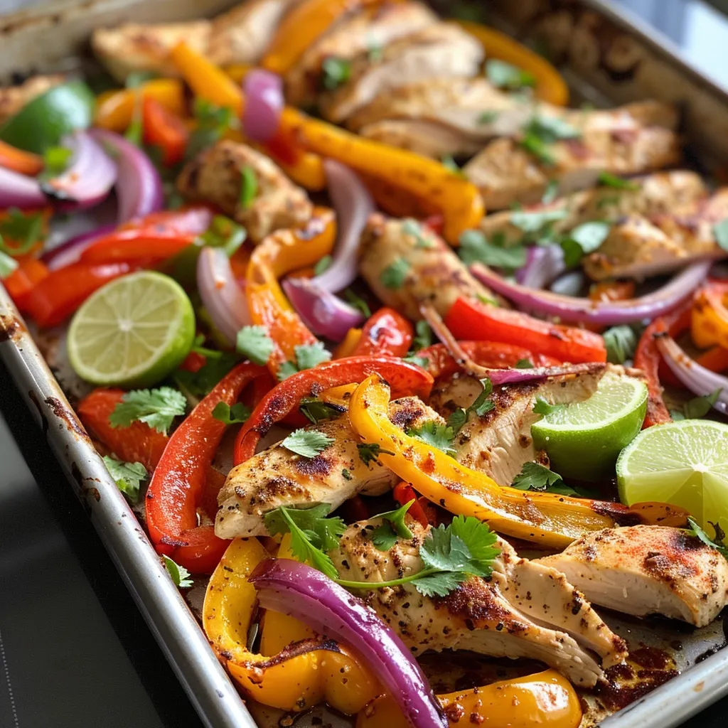 Side view of a sheet pan featuring seasoned chicken and assorted bell peppers, garnished with fresh cilantro.