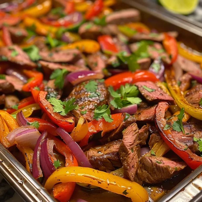 Sizzle and Serve: Easy Sheet Pan Steak Fajitas for Busy Nights A close-up side view of juicy sheet pan steak fajitas with colorful bell peppers and red onion.