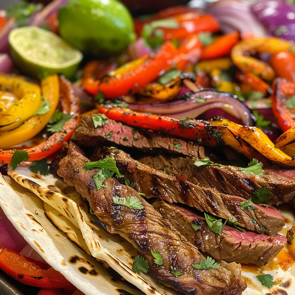 A vibrant assortment of steak fajitas arranged on a sheet pan, showcasing sliced meat and vegetables.