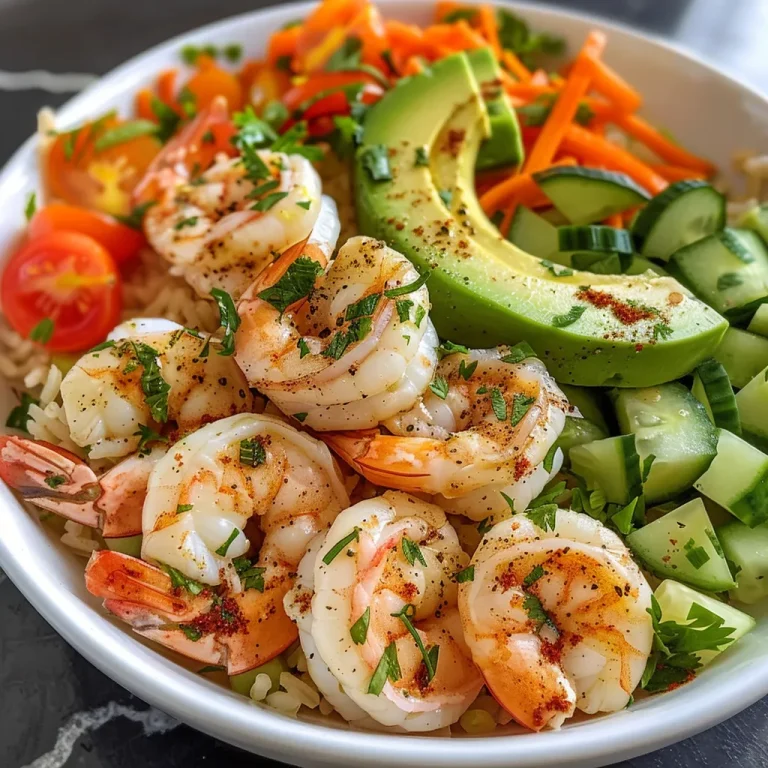 Close-up view of a shrimp salad with colorful vegetables and herbs.