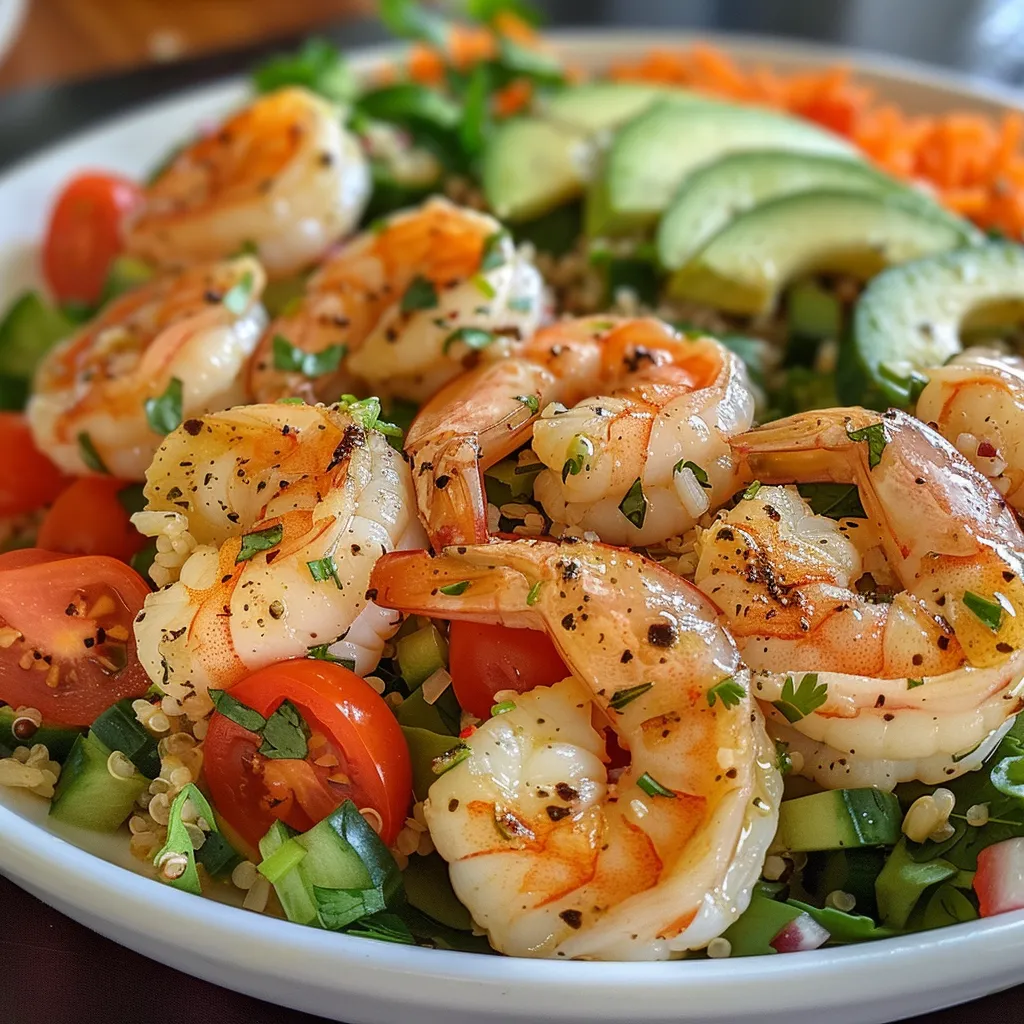 Side view of a shrimp salad featuring vibrant cherry tomatoes and avocado slices.