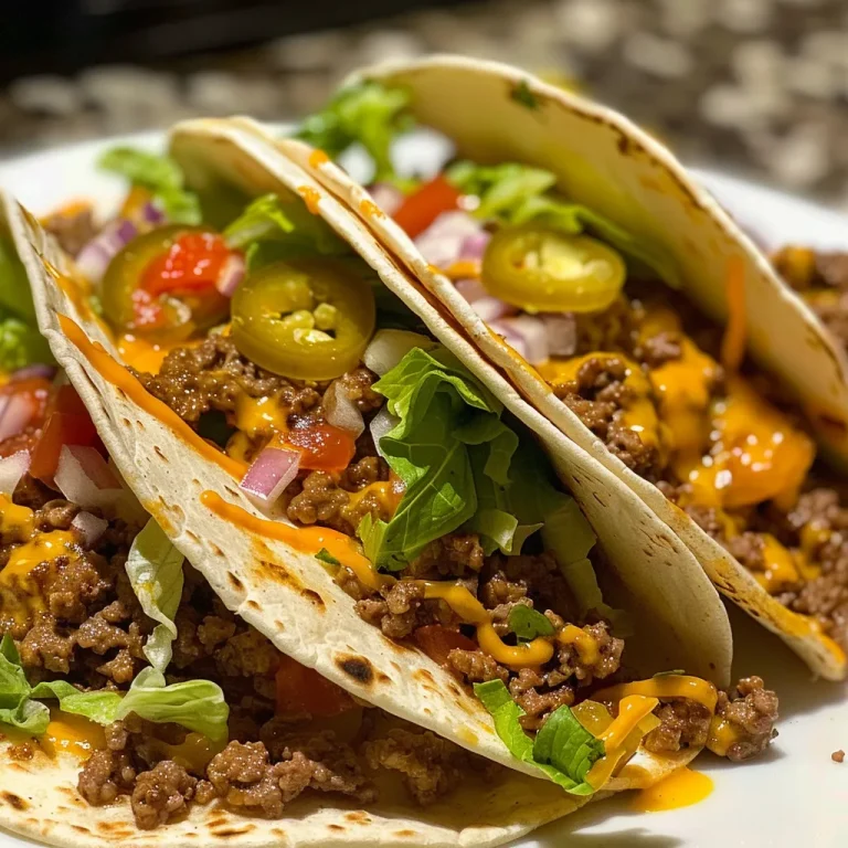 Close-up view of juicy Smash Burger Tacos stacked on a plate.