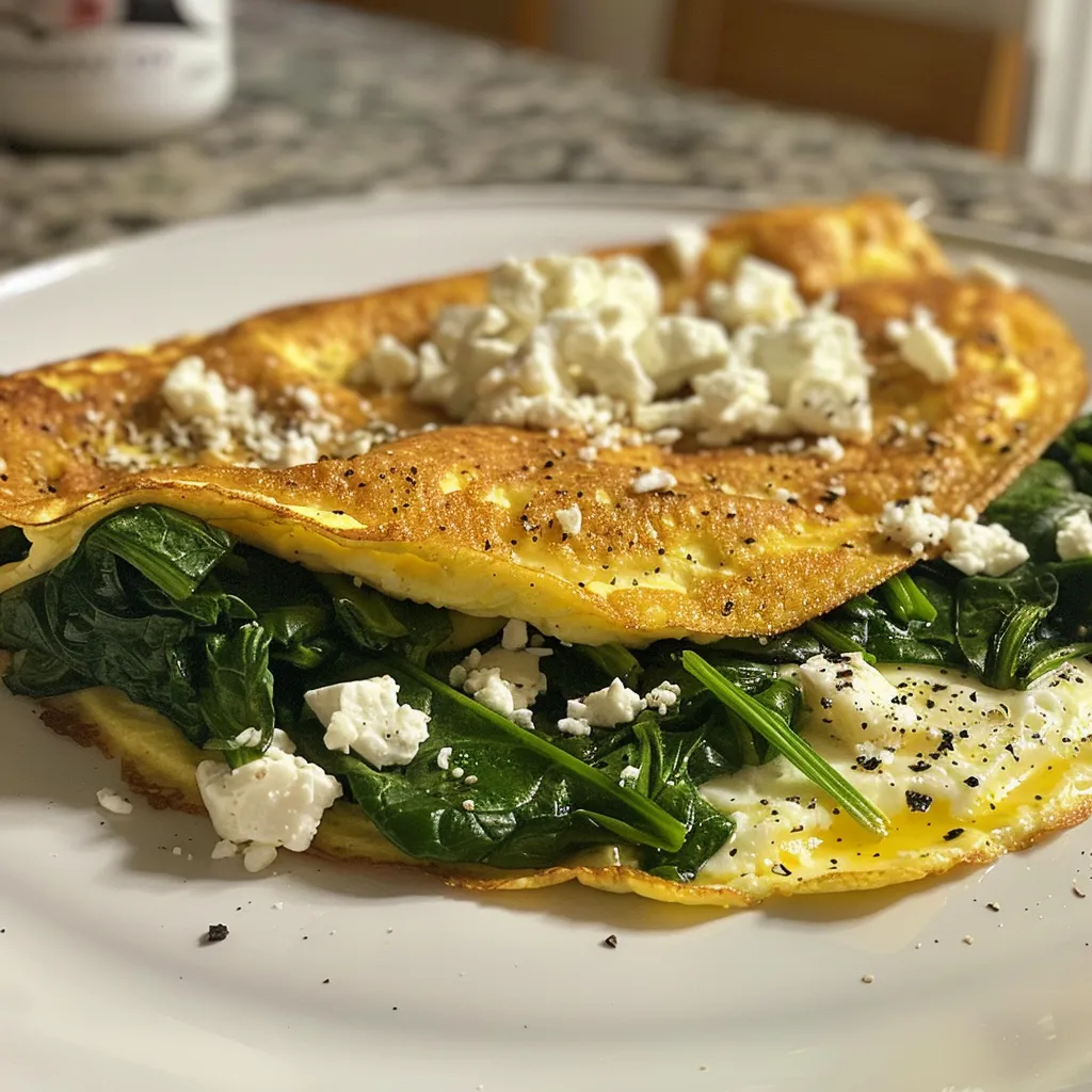 Side angle of a vibrant Spinach and Feta Omelette on a plate, showcasing its texture.