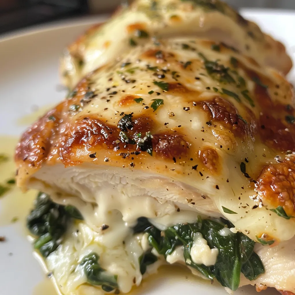 Close-up of a deliciously stuffed chicken breast filled with spinach and mozzarella.