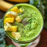 Close-up of a vibrant green smoothie with spinach and pineapple.