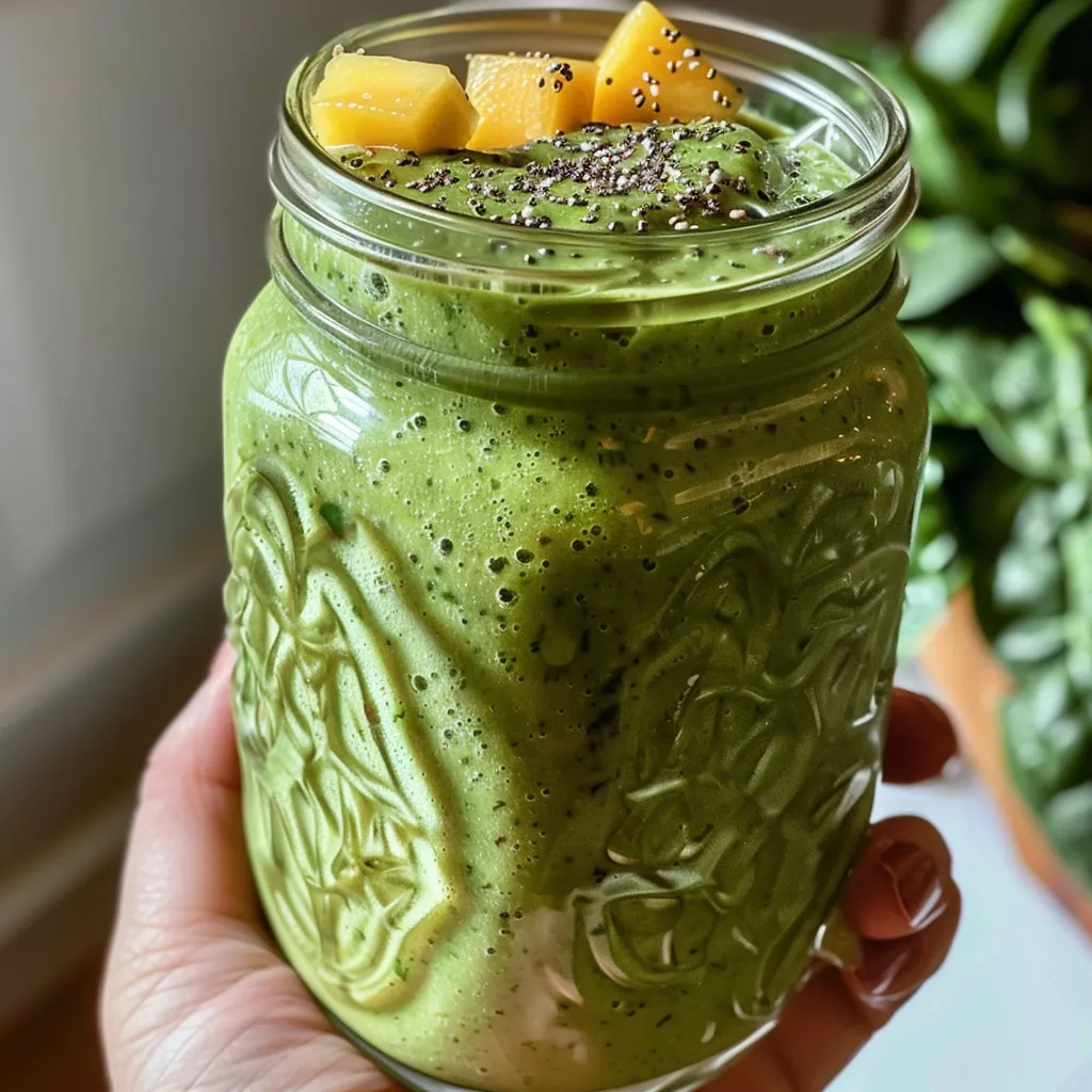 Side view of a fresh green smoothie in a clear glass, featuring leafy spinach and tropical pineapple.