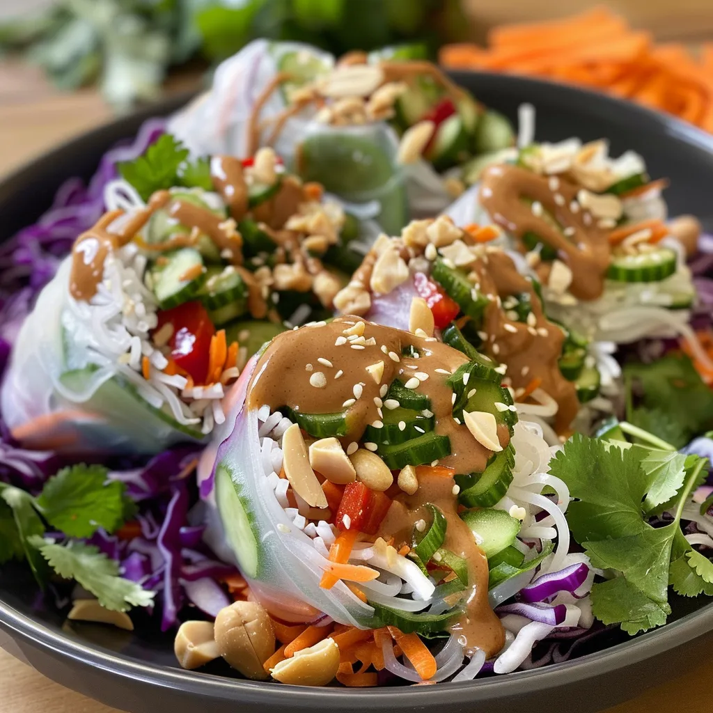 Side view of a colorful Spring Roll Salad featuring sliced cucumbers, carrots, and red bell peppers drizzled with peanut sauce.
