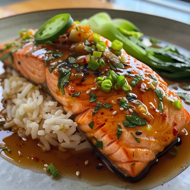 Elevate Your Weeknight Dinners with This Steamed Asian Salmon Twist Close-up view of a plate featuring steamed salmon with green herbs and spices.