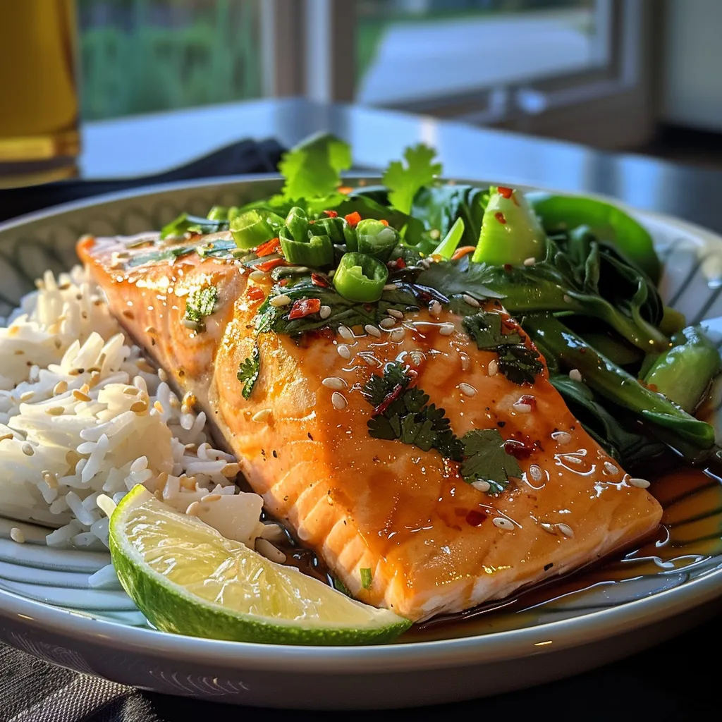 Side view of a deliciously garnished steamed salmon fillet on a white plate.