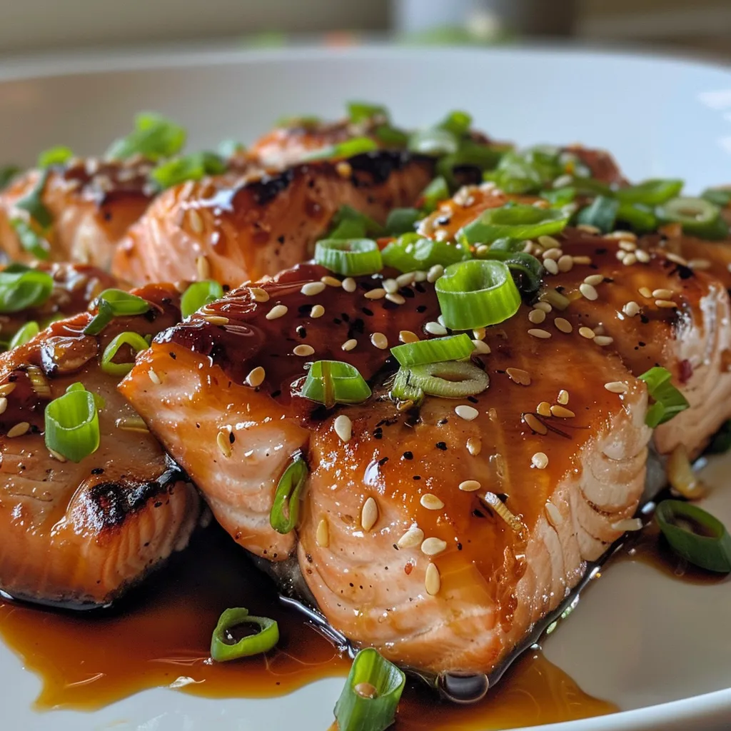 Side view of succulent steamed salmon with a drizzle of soy sauce and sesame oil.