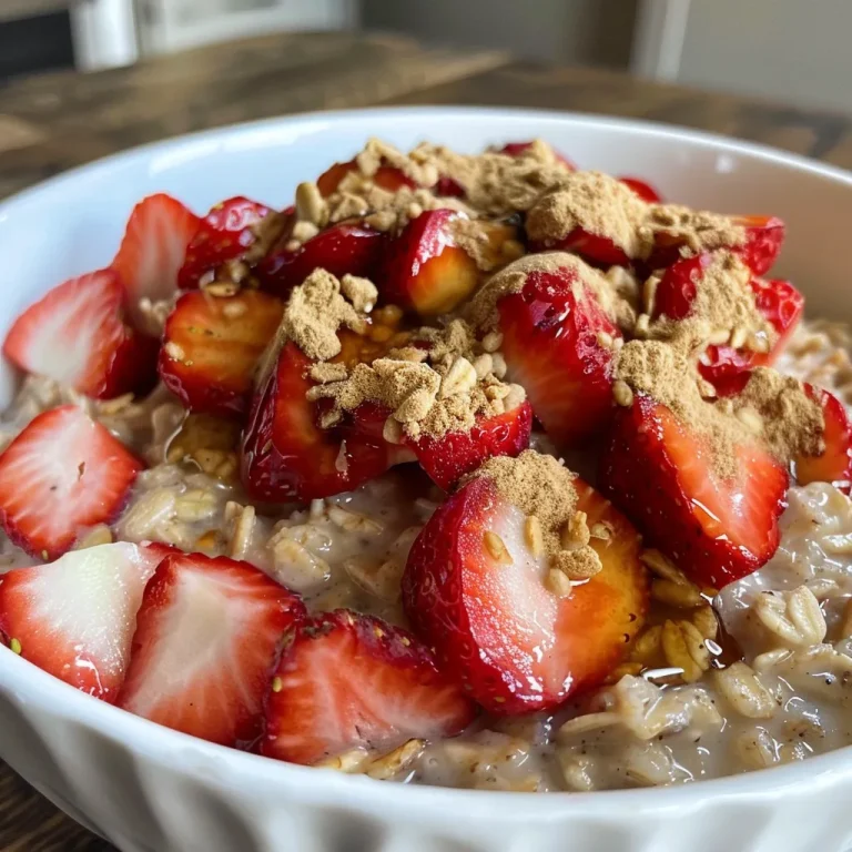Close-up view of a bowl filled with strawberries and cream oatmeal topped with sliced strawberries.