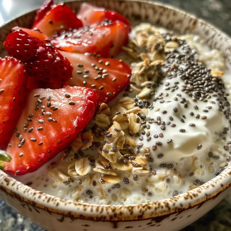 Rise and Shine: Effortless Strawberries and Cream Overnight Oats Side view of a jar filled with overnight oats topped with fresh strawberries and cream.