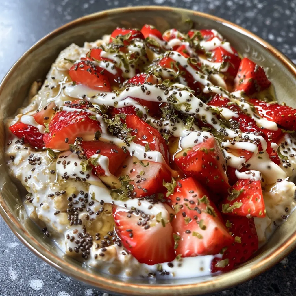 Close-up of strawberries and cream overnight oats in a clear glass, showcasing ingredients.
