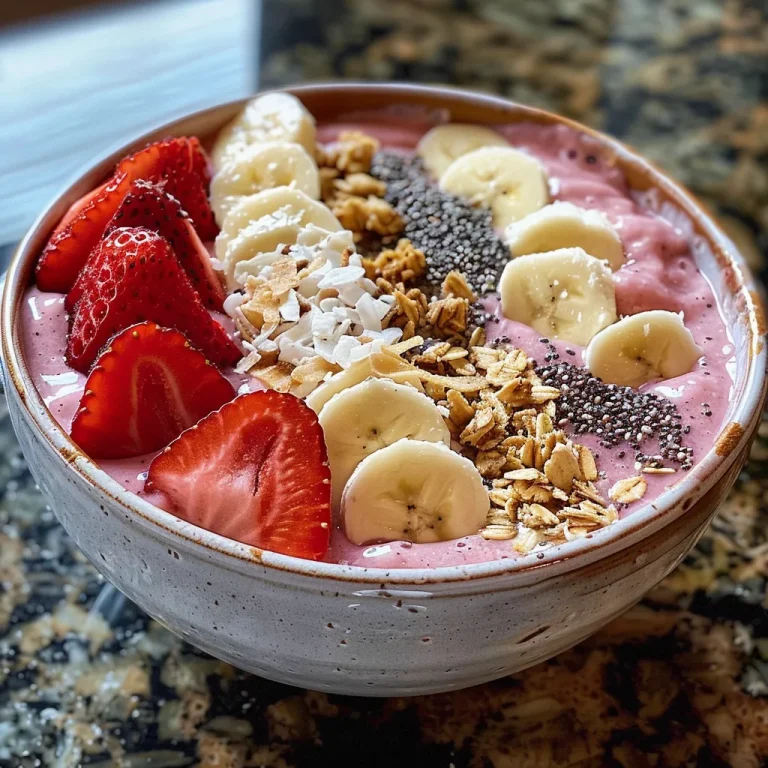 A side view of a vibrant Strawberry Banana Smoothie Bowl topped with granola and fresh fruit.
