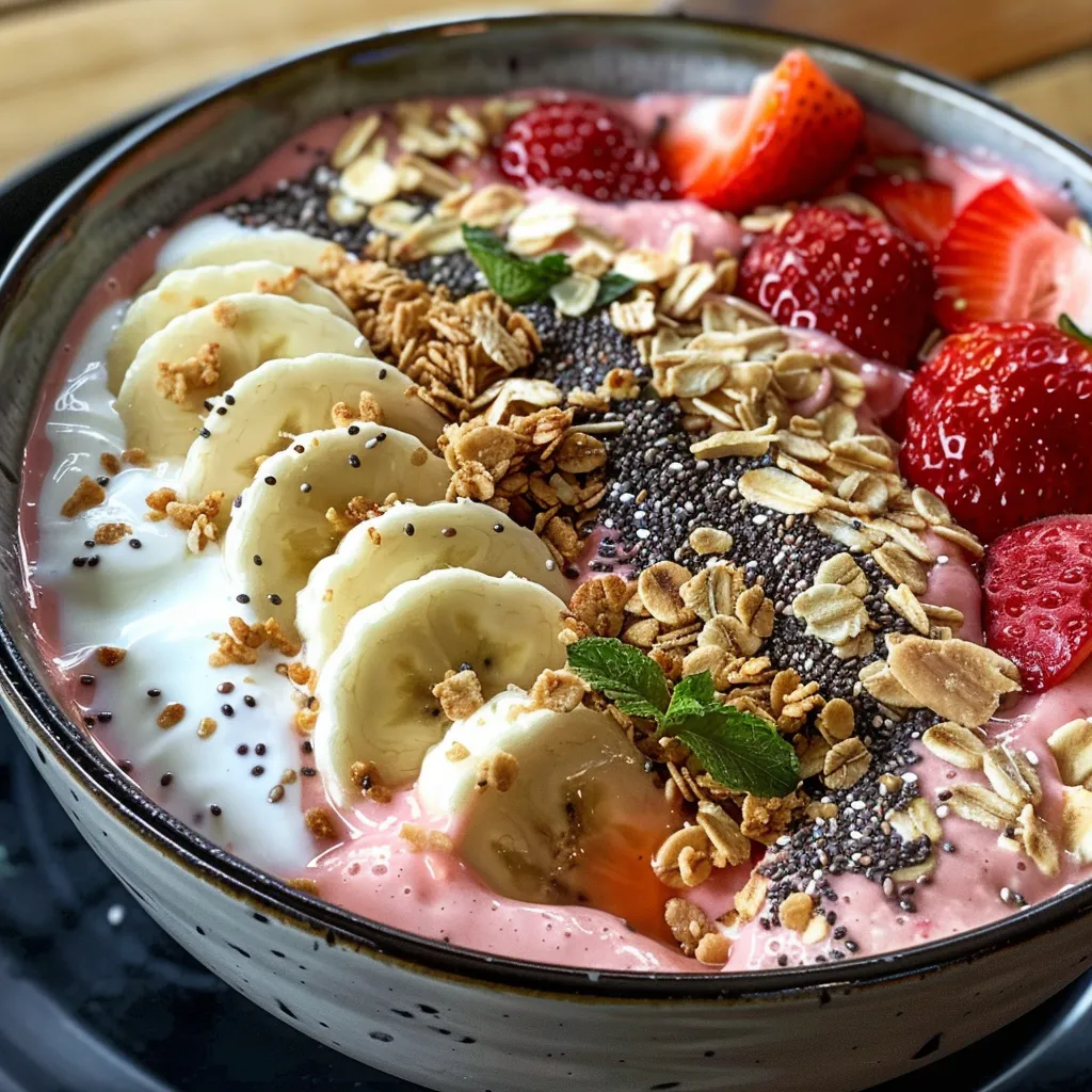 Close-up of a delicious Strawberry Banana Smoothie Bowl with colorful toppings including nuts and coconut flakes.