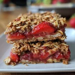 A close-up of golden-brown Strawberry Oat Bars with visible strawberry chunks.