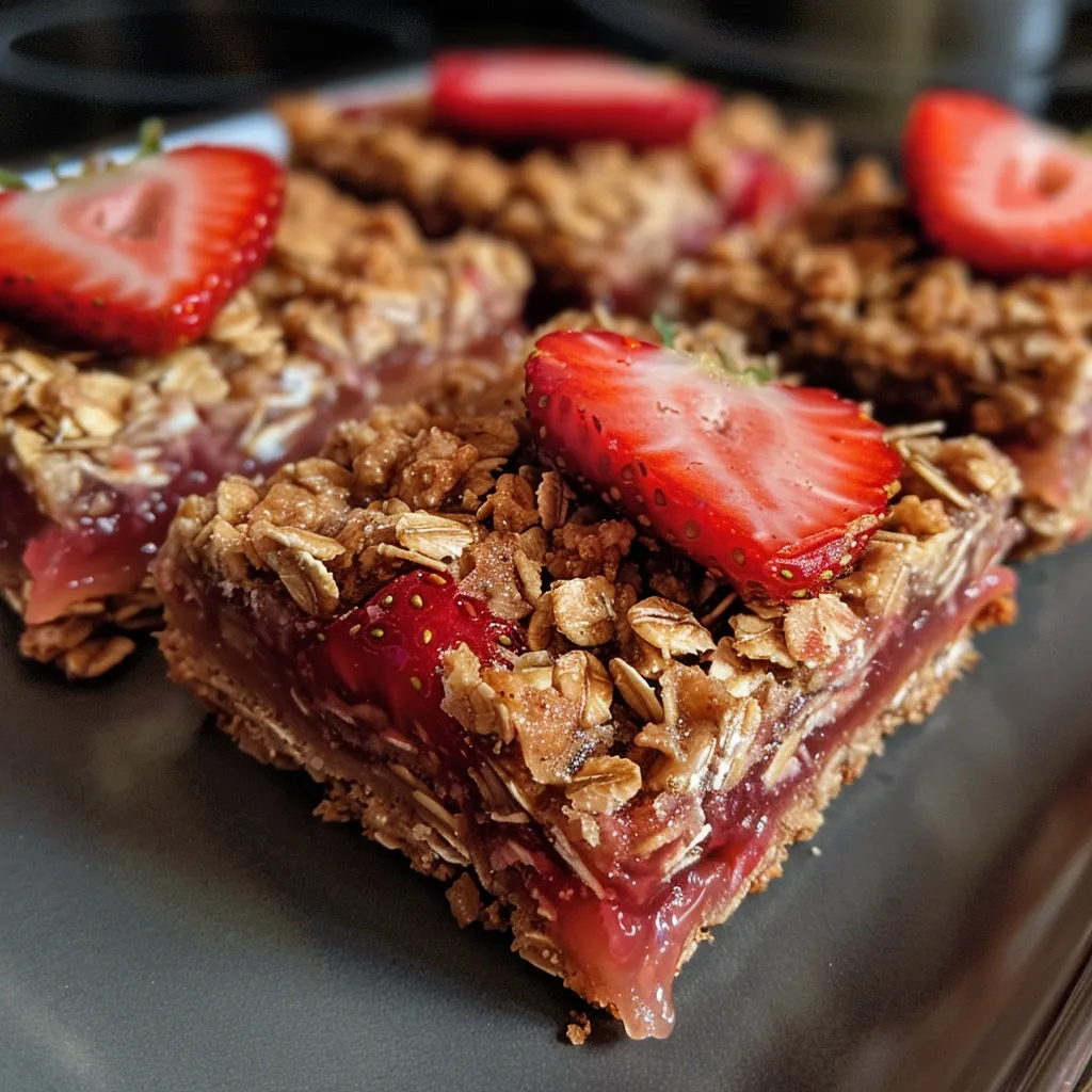 Side view of freshly baked Strawberry Oat Bars displaying a crumbly texture and vibrant red strawberries.