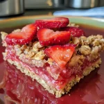Close-up view of a strawberry oatmeal bar showcasing its layered texture and vibrant strawberries.