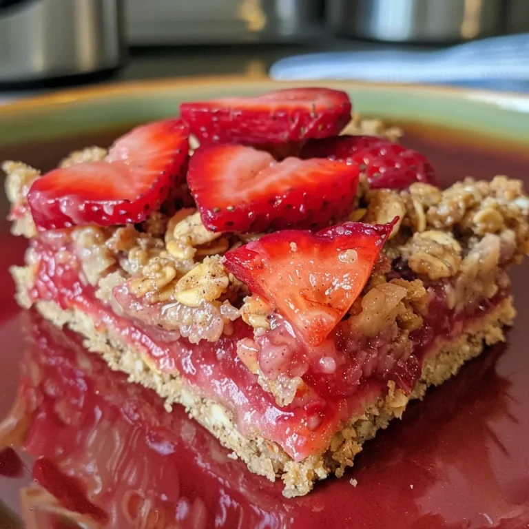Close-up view of a strawberry oatmeal bar showcasing its layered texture and vibrant strawberries.