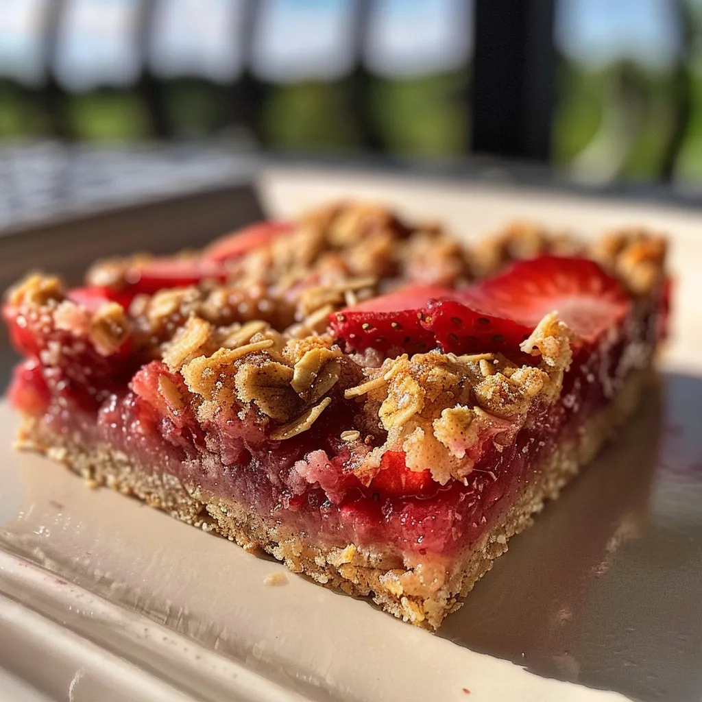 Side view of strawberry oatmeal bars, highlighting the juicy filling and crumbly crust.