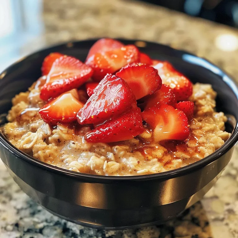 Close-up view of a bowl of strawberry oatmeal with fresh strawberries on top.