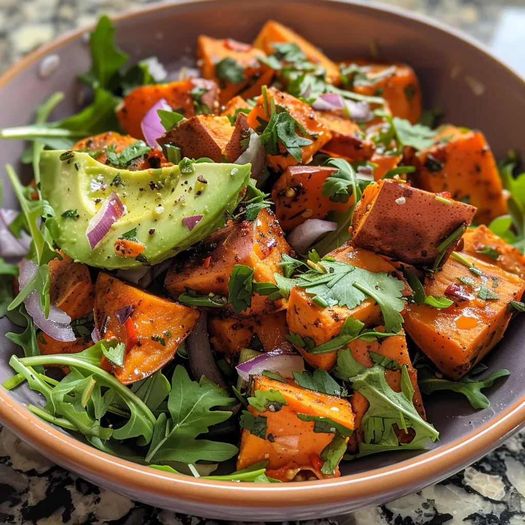 Side view of a fresh salad featuring sweet potatoes and avocado in a bowl.