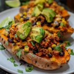 Close-up view of taco stuffed sweet potatoes with vibrant toppings.