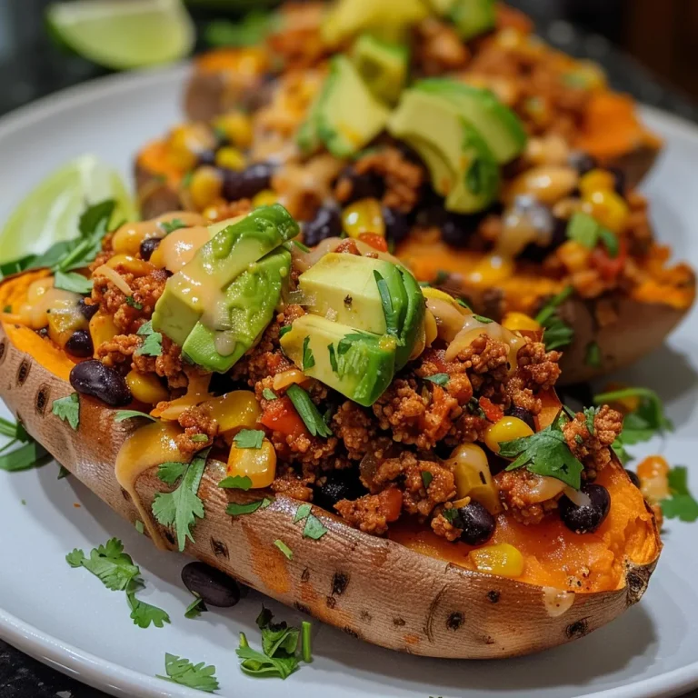 Close-up view of taco stuffed sweet potatoes with vibrant toppings.