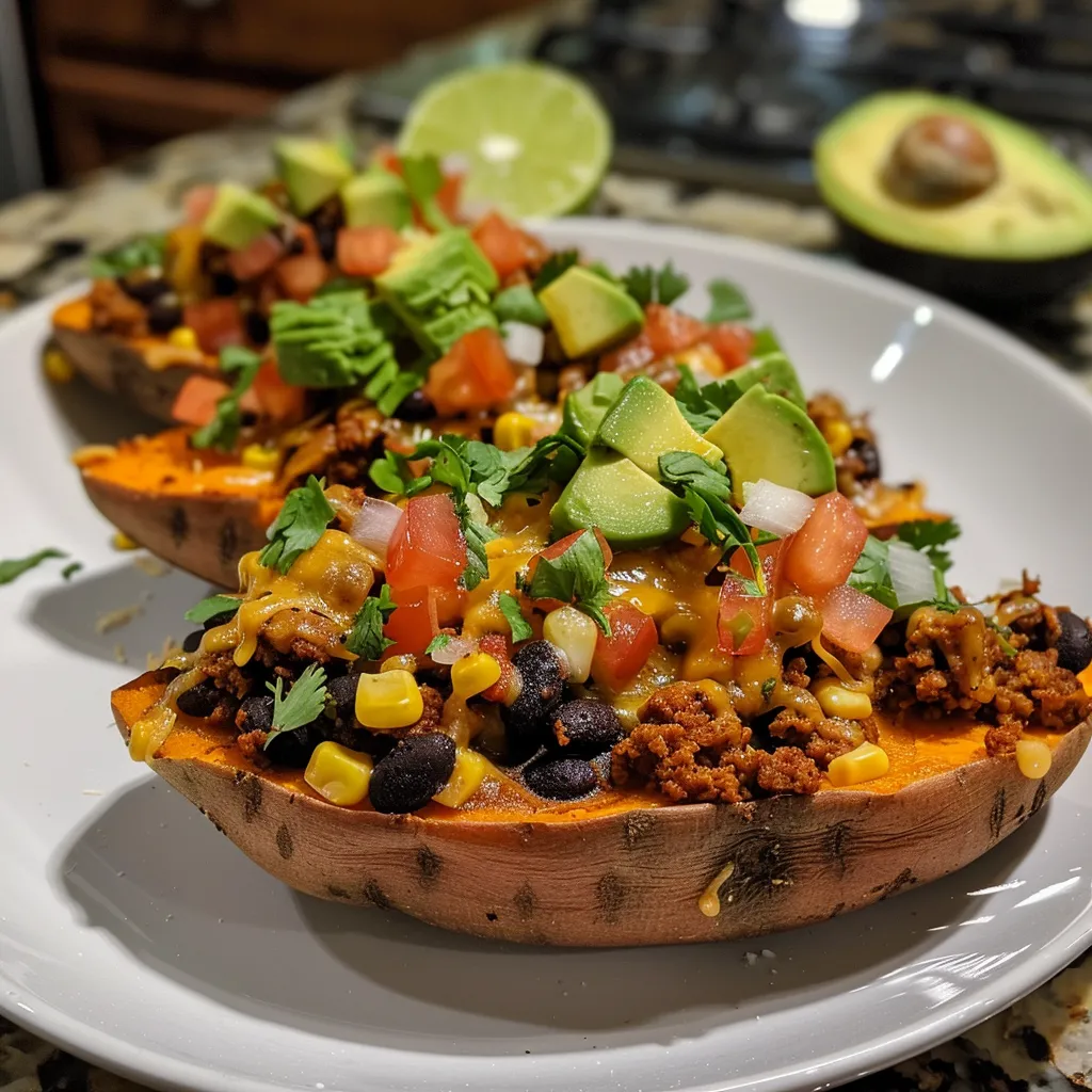 Juicy taco stuffed sweet potatoes with cheese, cilantro, and avocado slices.