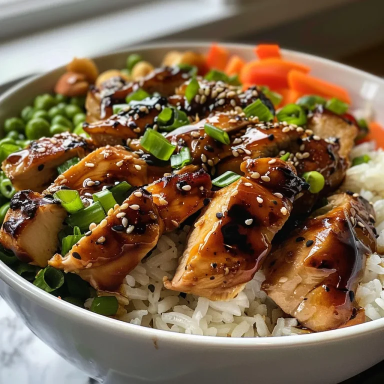 Close-up view of a Teriyaki Chicken Rice Bowl with glossy sauce and colorful vegetables.