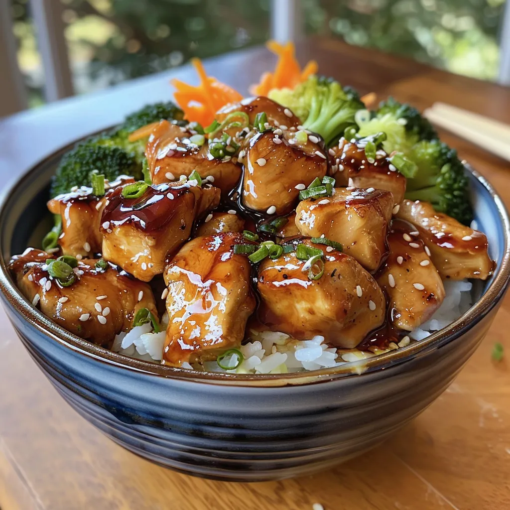Juicy Teriyaki chicken pieces served over rice, garnished with green onions and vegetables.