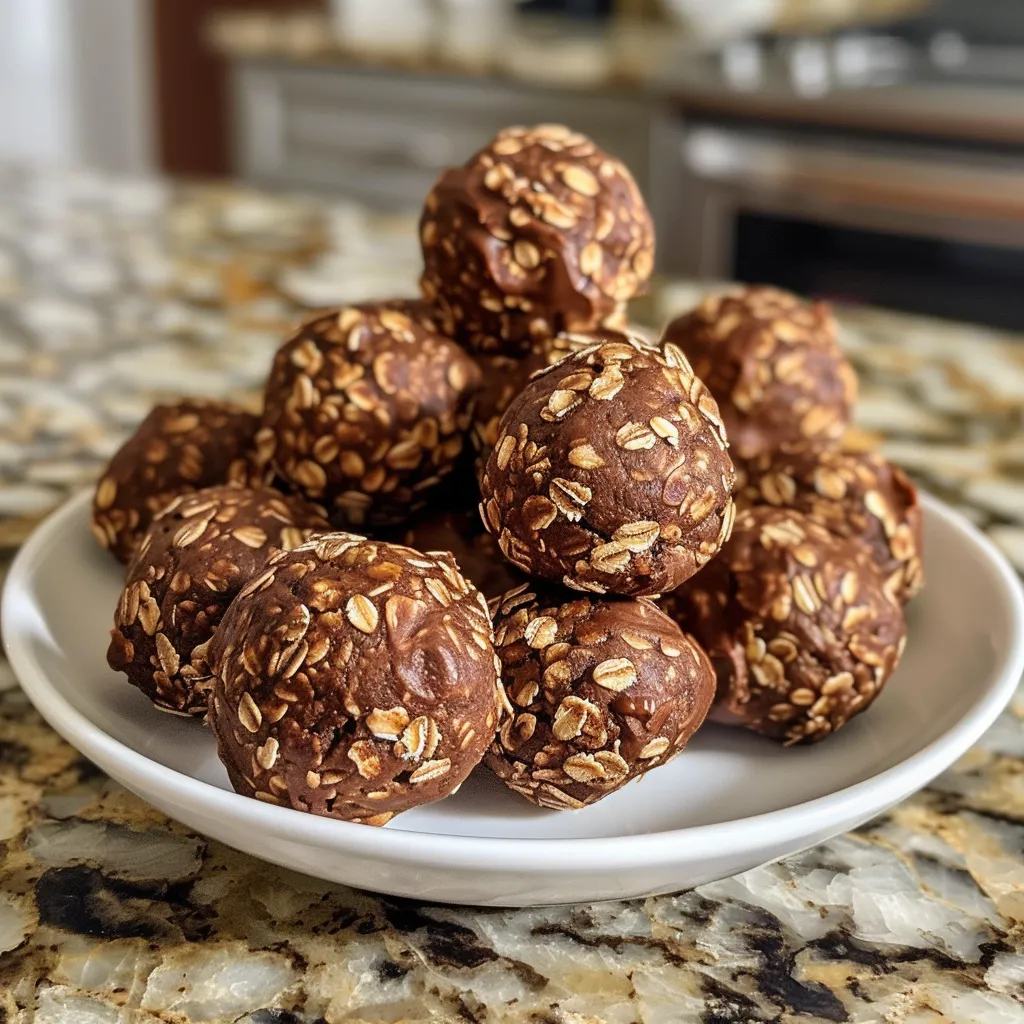 Side angle shot of round vegan chocolate peanut butter energy bites.
