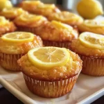 Close-up of moist vegan lemon muffins with a golden crust and lemon zest on top.