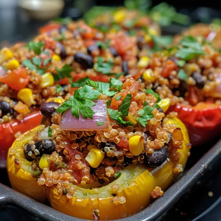 Close-up view of vibrant vegan stuffed bell peppers filled with colorful ingredients.