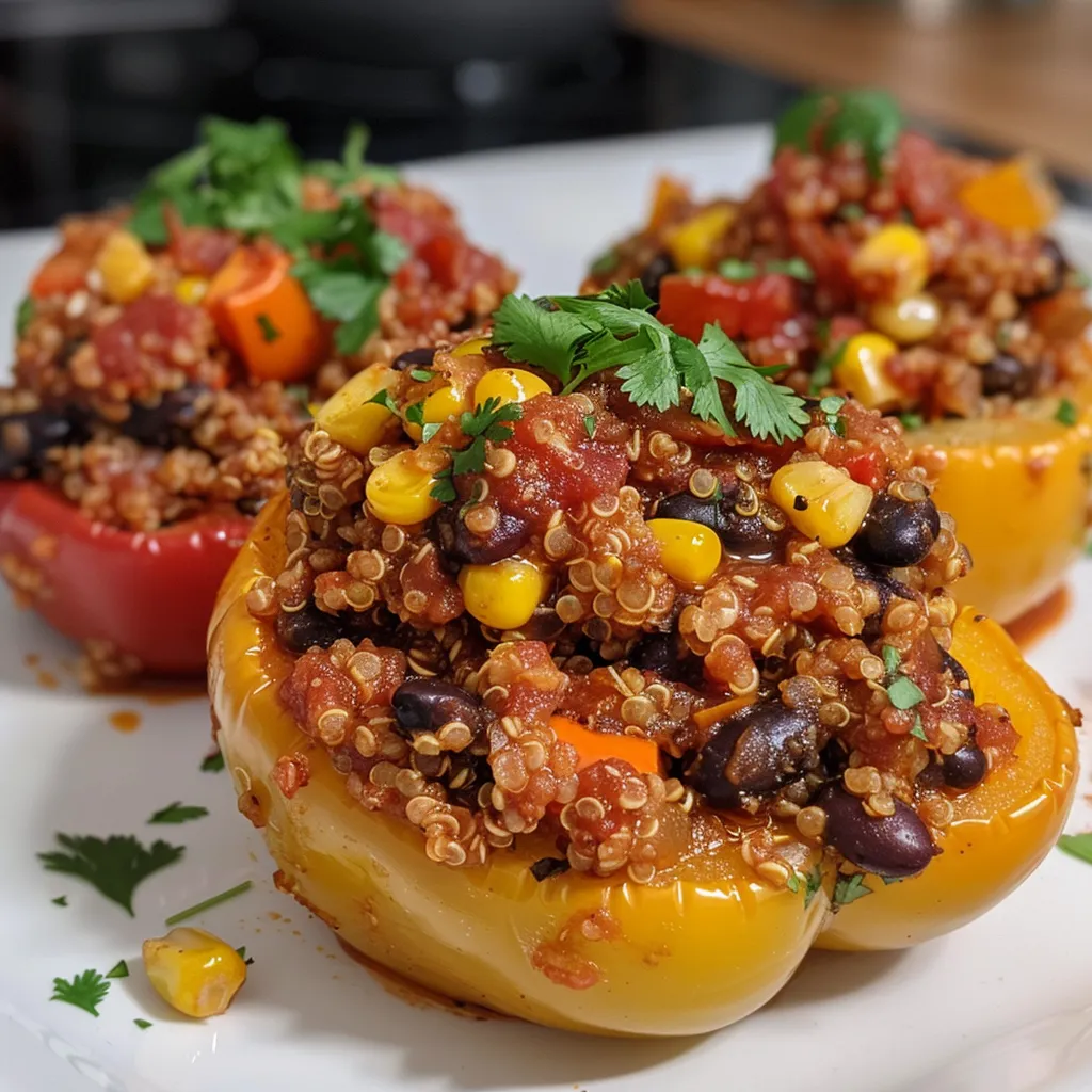 Side angle of baked bell peppers stuffed with quinoa, black beans, and vegetables.