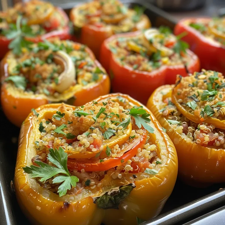 Close-up of vibrant vegan stuffed peppers filled with lentils and quinoa.