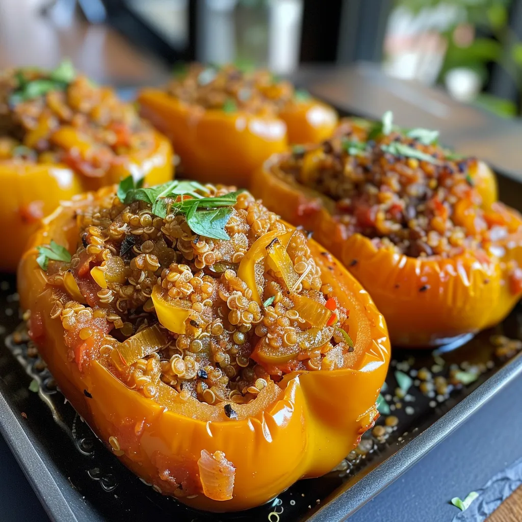 Side view of colorful bell peppers, packed with a hearty lentil and vegetable filling.