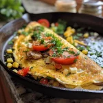 Close-up of a colorful vegetable omelette with cheese and herbs on a plate.