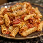Close-up of a creamy high-protein cottage cheese pasta sauce over whole wheat penne pasta.