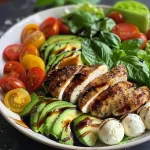 Close-up of Chicken-Avocado Caprese Salad featuring sliced chicken, avocado, and tomatoes.