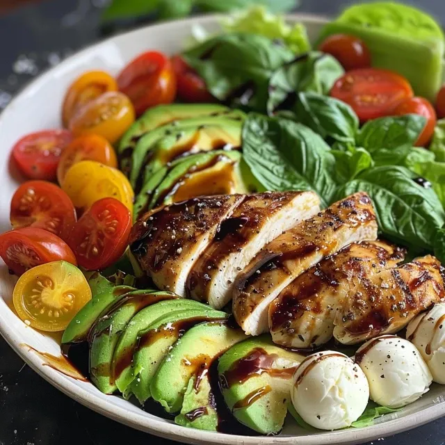 Brighten Your Day with a Chicken-Avocado Caprese Salad: Fresh Flavors Made Easy Close-up of Chicken-Avocado Caprese Salad featuring sliced chicken, avocado, and tomatoes.