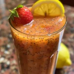 Close-up of a refreshing glass of Strawberry Chia Lemonade with chia seeds visible.