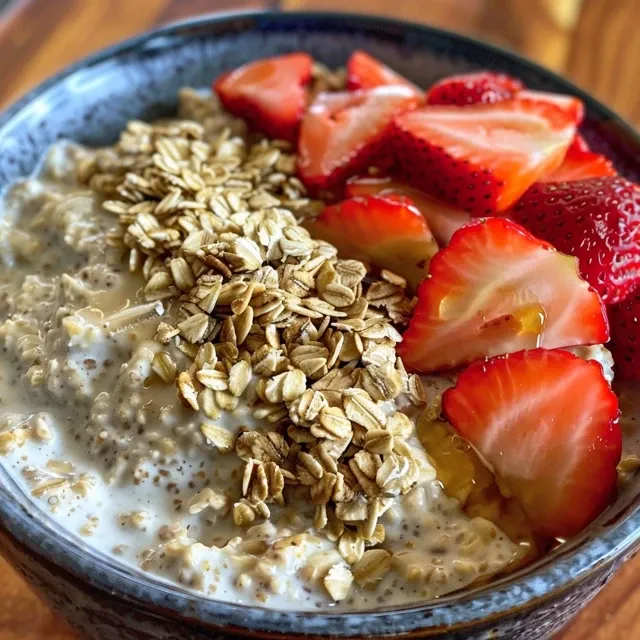 Wake Up to Chocolate Bliss: Sugar-Free Protein Overnight Oats with Strawberries Side view of a bowl of chocolate-covered strawberry protein overnight oats topped with fresh strawberries and chocolate chips.