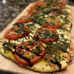 Close-up view of a Caprese flatbread topped with mozzarella, cherry tomatoes, and basil.